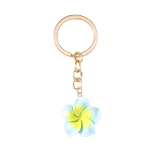 Sweet gradient plumeria keychain with light blue petals and golden ring pendant