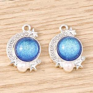 Star and moon charm pendant with blue cat eye stone and pearls for DIY jewelry making