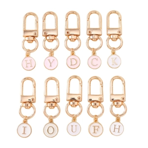 Set of 10 gold lobster clasp keychains with assorted enamel alphabet letter charms