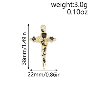 Detailed view of gold gothic cross pendant with black heart and vine pattern including dimensions