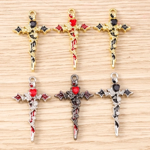 Gothic Cross Heart Pendant Charms Rose Thorn Zinc Alloy Rhinestone Enamel Craft For DIY Necklace Bracelet Jewelry Making