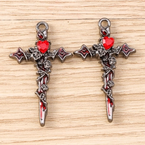 Gothic heart cross pendants with red gemstones and rose vine details for DIY jewelry