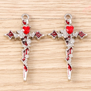Gothic silver cross pendant with red heart gemstone and rose vine detail for DIY jewelry