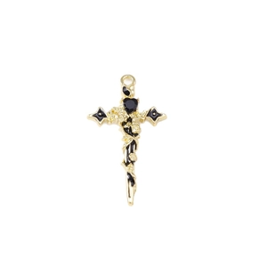 Gothic gold cross pendant with black heart and rose vine relief for DIY jewelry