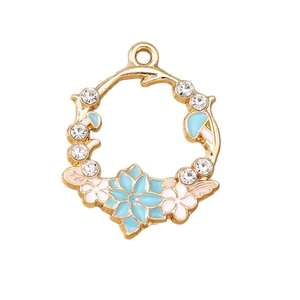 Pendentif couronne florale avec fleur en émail bleu et cristaux pour bijoux DIY
