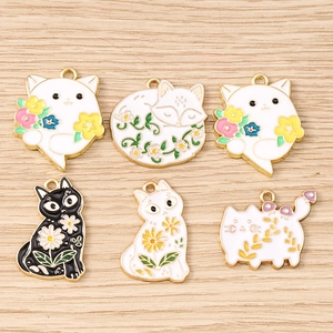 Colorful cat and floral enamel charms set in gold alloy for DIY jewelry making