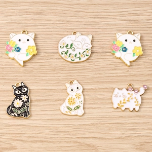 Cute floral cat and fox alloy charms for DIY jewelry making in black, white, and gold
