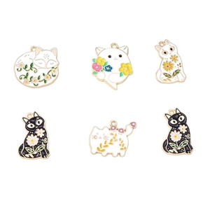 Set of six colorful floral cat charms in black and white for DIY jewelry making accessories