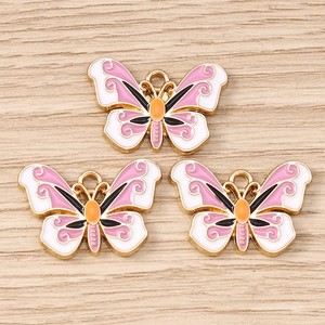 Pink and white butterfly enamel charms with gold metal frames for DIY jewelry making