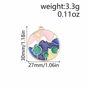 Detail showing dimensions of round enamel landscape pendant with mountain forest design