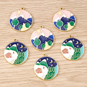 Round Plate Mountain Sun Scenery Enamel Pendants Zinc Alloy Drip Oil Charms For DIY Necklace Bracelet Keyring Accessories