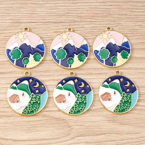 Detailed set of 6 round enamel landscape charms for DIY jewelry making and crafts