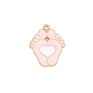 Colgantes corazón huella de bebé dorados para joyería DIY con esmalte rosa y blanco