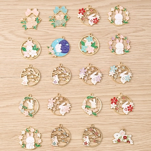 19 types of rabbit and sakura enamel charms in zinc alloy for DIY jewelry making