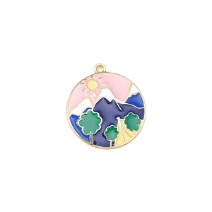 Round enamel pendant featuring a colorful mountain landscape and a sun for DIY jewelry