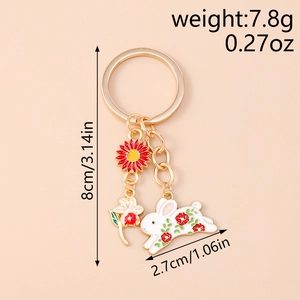 Detailed size specifications for cute rabbit and flower alloy keychain with dimensions