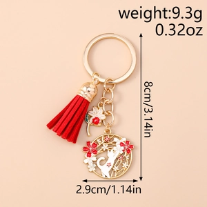 Detailed size chart of a Japanese style cat and sakura keychain with golden ring and red tassel