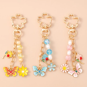 Vintage Zinc Alloy Flower Butterfly Keychain With Sakura Clasp Imitation Artificial Pearl Floral Enamel Bag Pendant For Women Girls