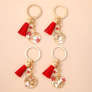 Japanese Style Enamel Sakura Rabbit Cat Tassel Keychain Zinc Alloy Hollow Circular Bag Pendant Jewelry For Women Gift