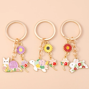 Enamel Animal Flower Keychain Zinc Alloy Rabbit Snail Turtle Pendant Gold Keyring Bag Accessory Decorative Gift For Women Girls