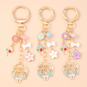 Floral Bowknot Garland Keychain with Happy Holidays Lettering Enamel Flower Zinc Alloy Bag Pendant Key Ring Gift for Women