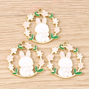 Three pieces of rabbit cherry blossom wreath charms made of pink gold plated alloy for DIY jewelry