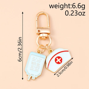 Nurse themed gold keychain with blue IV bag and white nurse hat charm charms