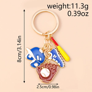 Detailed view of sports keychain with baseball charms, helmet and bat measuring 8cm