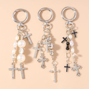 Vintage Gothic Silver Alloy Cross Keychain With Rhinestone And Faux Artificial Pearl Beaded Religious Bag Charm For Women Men Gift