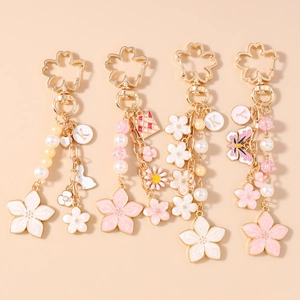 Sakura Cherry Blossom Keychain Zinc Alloy Enamel Flower Butterfly Rabbit Faux Artificial Pearl Bag Pendant Women Sweet Key Ring Jewelry