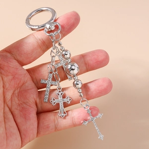 Silver multi-layer cross keychain with rhinestones and metallic beads for handbags