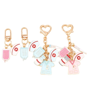 Nurse themed enamel keychains with scrubs, medical hat and thermometer pendants