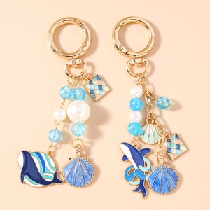 Porte-clés en Métal de Mode Océan Baleine Requin Or Émail Coquille Künstliche Perle d'Imitation Pendentif de Sac pour Femme Bijoux