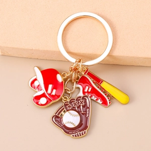 Detailed view of alloy baseball keychain with glove, bat, cap, and sneaker charms