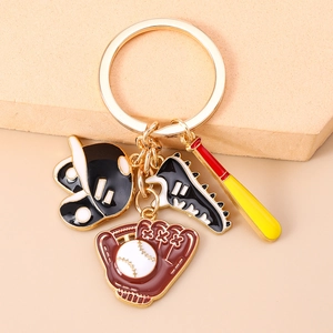 Detail of baseball keychain with black helmet, brown glove, sports shoe and red bat charm