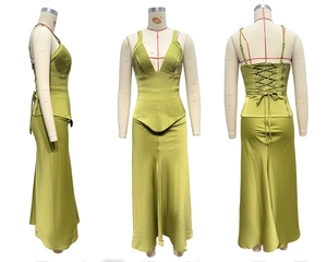 Detail of avocado green satin two-piece set with V-neck top and back criss-cross straps