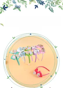 Detail showing various Easter egg print bows on colorful headbands for girls
