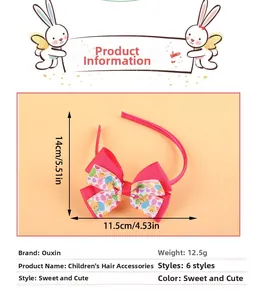 Detail view of pink Easter headband with bunny print bow showing 14cm x 11.5cm size