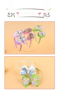 Detail of Easter headbands for girls featuring colorful egg and bunny bow patterns