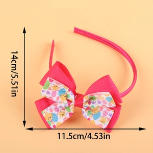 Easter girls headband with large rose pink bow and chick egg prints, size 14x11.5cm