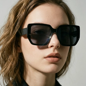 Close-up of a woman wearing oversized black square sunglasses with a slimming face effect