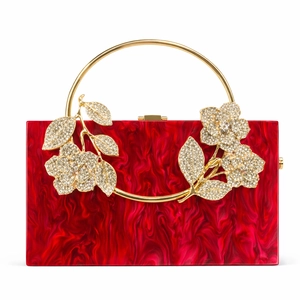 Luxury red marble acrylic evening bag with golden floral metal handle for weddings