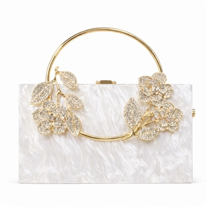 Luxury pearl white acrylic floral evening clutch bag with round gold metal handle and crystals