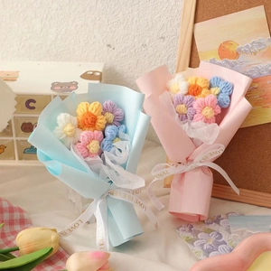 Handmade crochet flower bouquets in pink and blue gift wrap with Love Is Eternal ribbon
