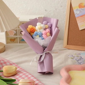 Mini handmade crochet flower bouquet in purple wrapping with eternal ribbon for gifts