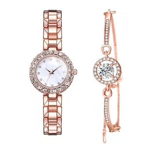 Rose gold fashion watch with diamond-set bezel and matching crystal bracelet set