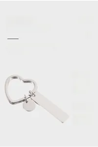 Polished silver heart keychain with blank rectangular and round metal tags for engraving