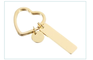 Polished gold heart ring keychain with blank rectangular and round metal tags for DIY