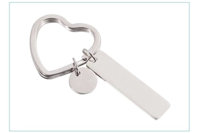 Polished silver heart and rectangle tag charms on stainless steel keychain