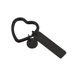 Matte black stainless steel heart ring keychain with rectangle and round tags